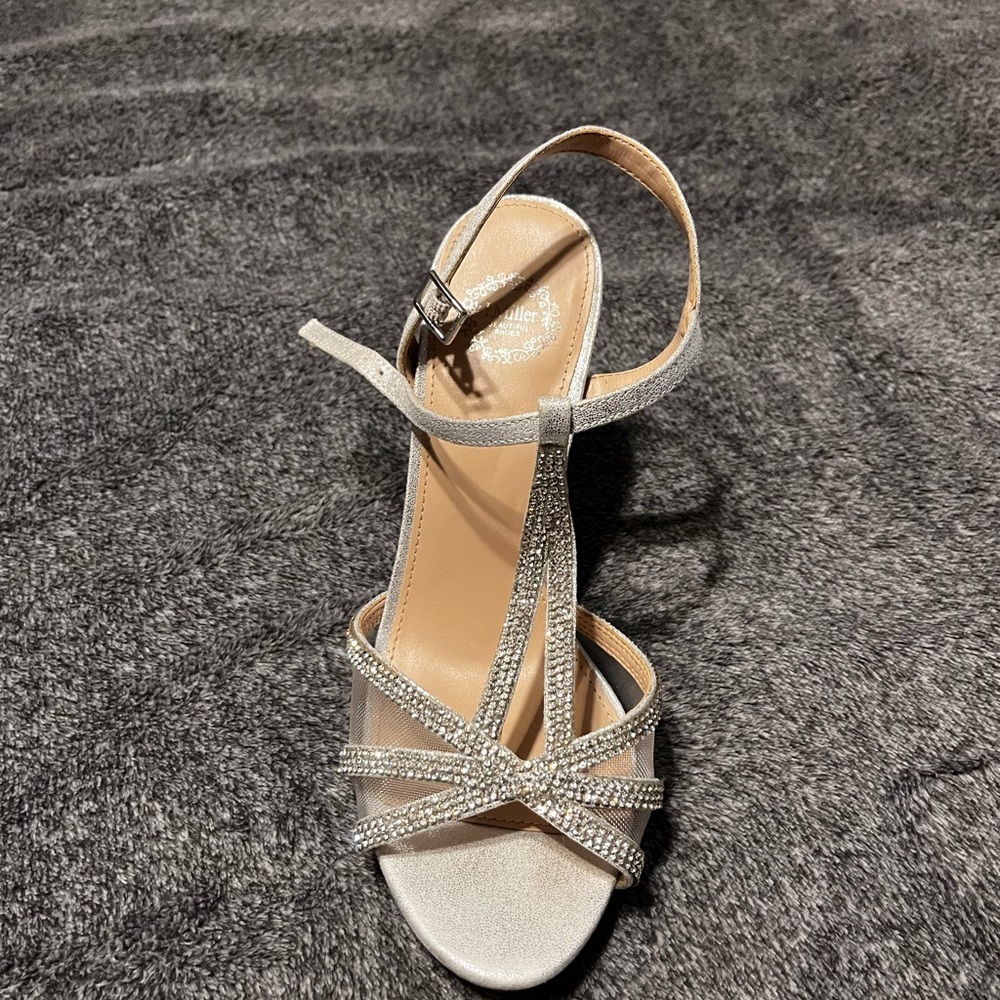 L Miller silver bling heels